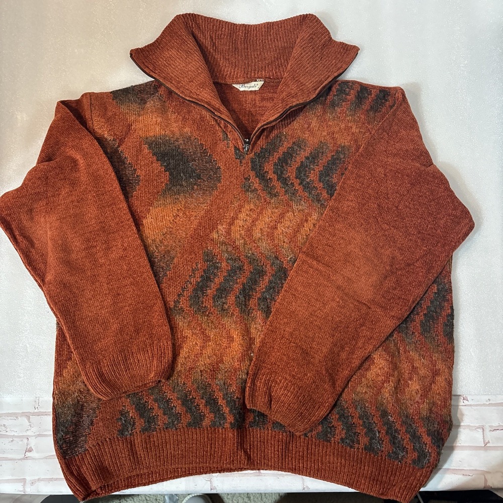 Vintage 90s Bergati 3D Knit Cosby Style Geometric Geo Collar Sweater - Size‎ XL